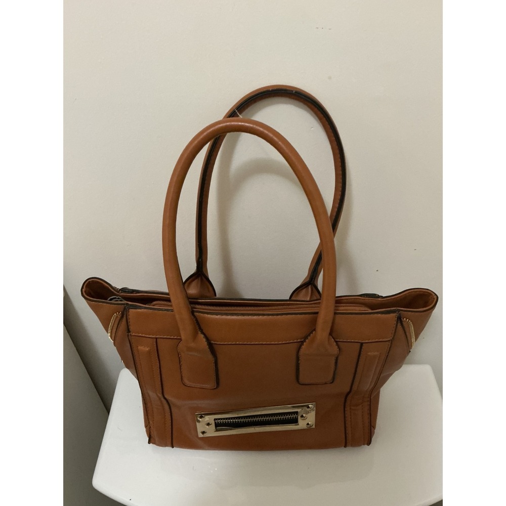 Yokd Women Cognac Brown Faux Leather Tote Bag Gold Hardware Striped Lining